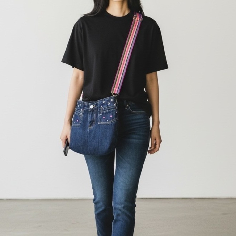 Handmade Upcycled Blue Denim Jean Shoulder Bag Rhinestone Striped Strap‎ Boho